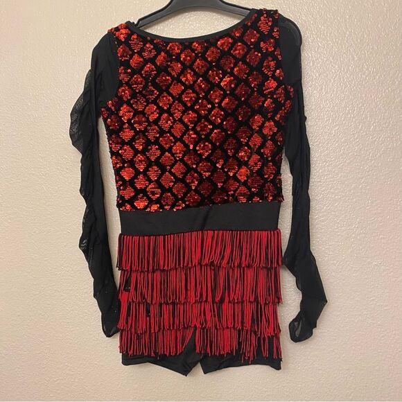 Weissman Dance costume leotard red sequin flapper fringe 11475 LC-large child - Picture 3 of 10